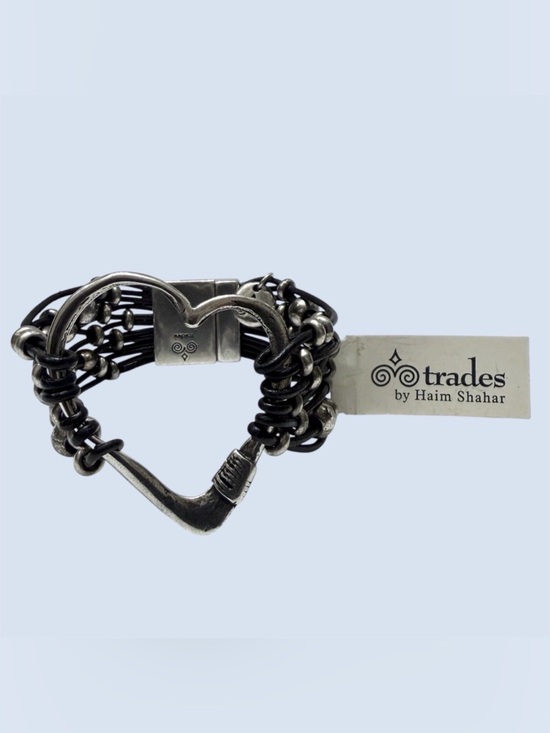 Trades by Haim Shahar Jewelry - Trades by Haim Shahar Handmade Silver Heart Strappy Spanish Leather Bracelet